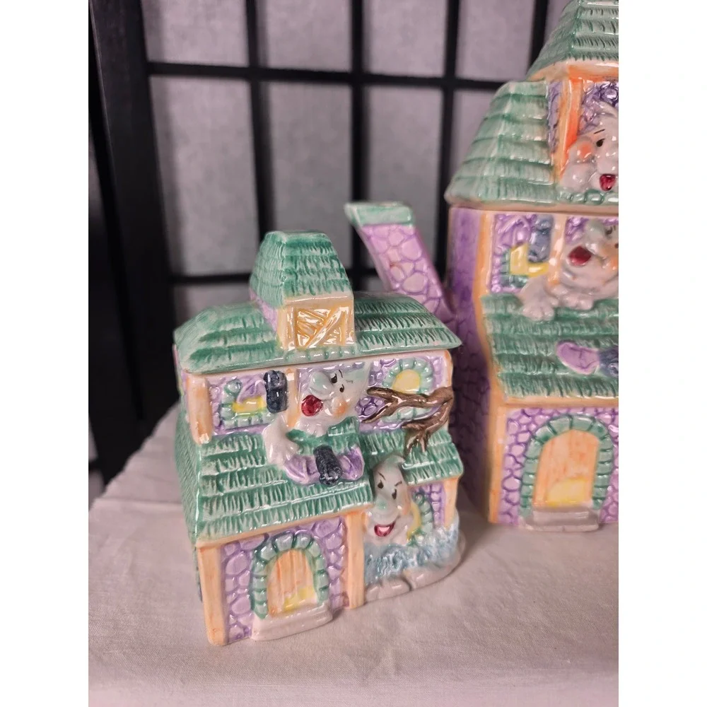 Vintage Halloween Haunted House Ceramic Teapot Sugar and Creamer Set Ghosts